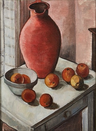 konstkurs Agda Holst stilleben med krus och citrus